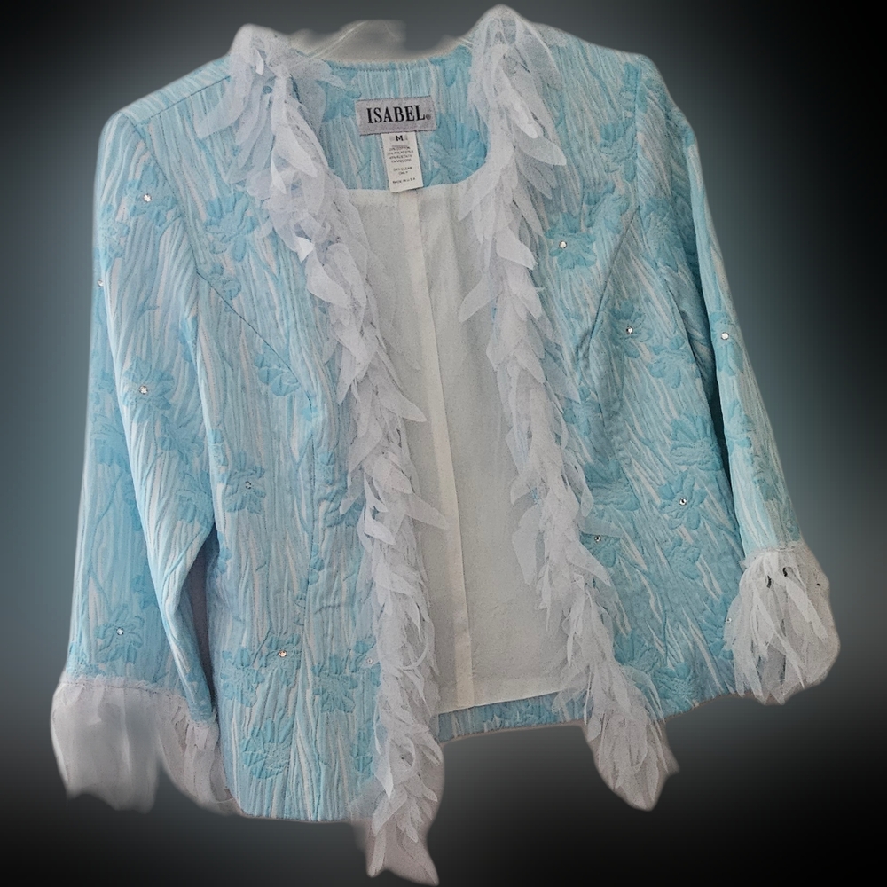 ISABEL Elegant Formal Jacket Turquoise White Rhinestones “Feather” Trim Like New
